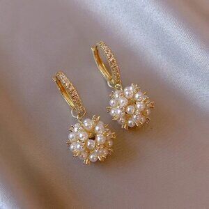 Mini Diamond Hoop Pearl Ball Cluster Minimalist Simple Luxury Gift Gold Earring